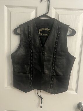 Black Leather Braided Vest for Women